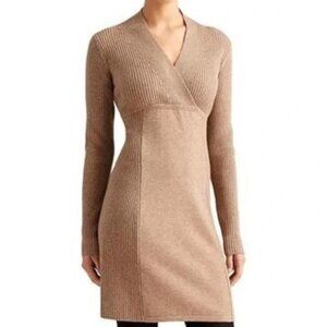 Athleta Chalet Tan Merino Wool Long Sleeve Ribbed V-Neck Stretchy Sweater Dress